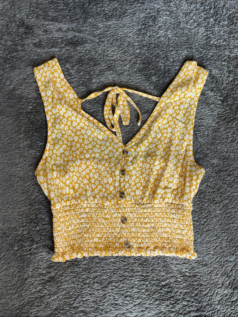AMERICAN EAGLE Yellow Floral Tie-Back Smocked Crop Top
